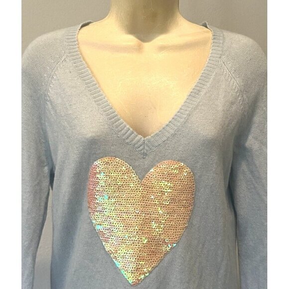 WILDFOX White Label Blue Angora blend Sequin Hearts V-Neck Sweater Top - Picture 5 of 10